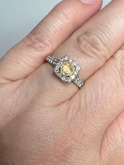 Natural Yellow Diamond Halo Ring Solid 14k Gold size 6.75 Certified - NewLifeJewelryVault