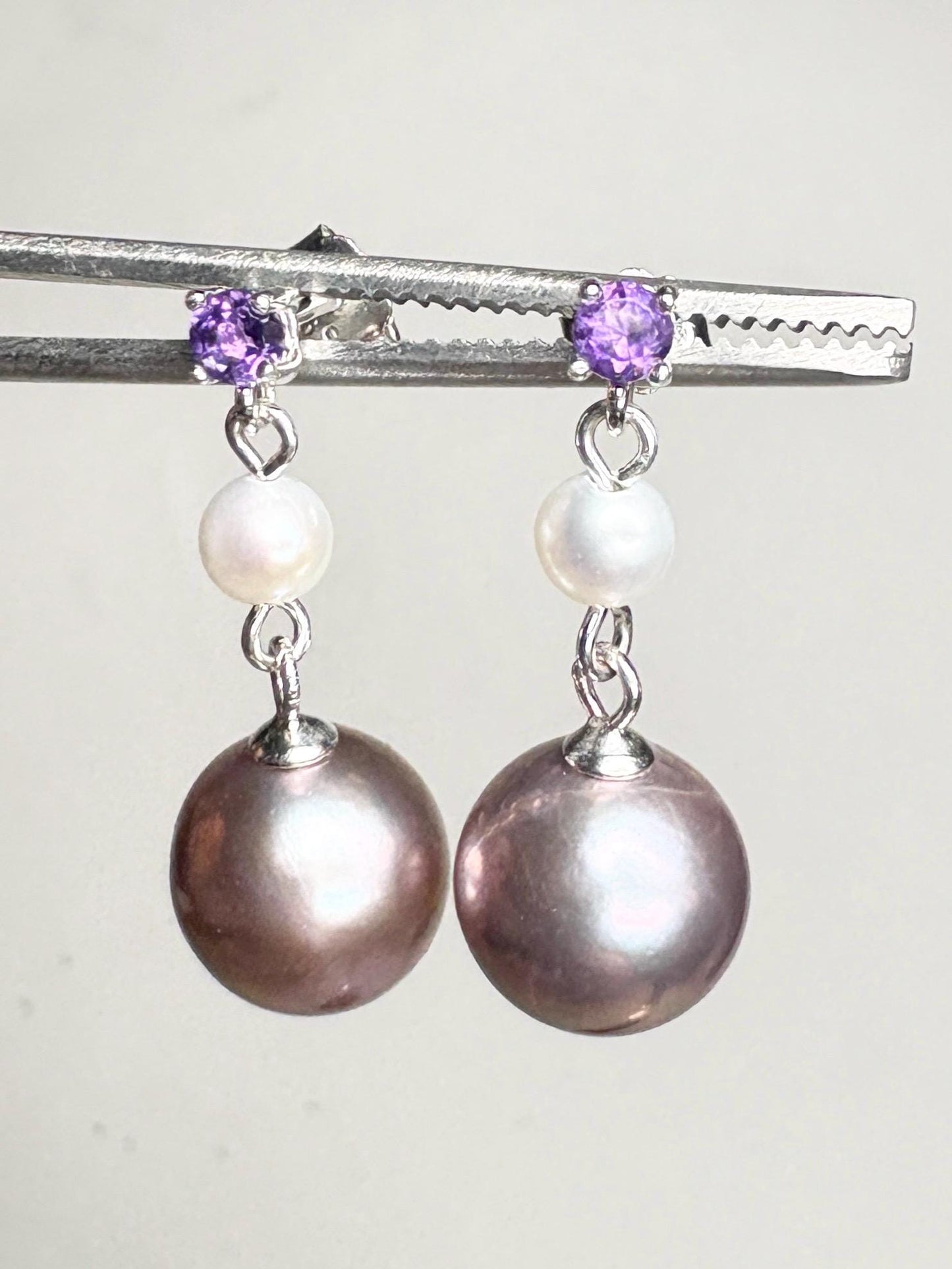 Purple Edison Cultured Pearls with Amethyst and White Pearl Dangle Drop Earrings Sterling Silver - NewLifeJewelryVault