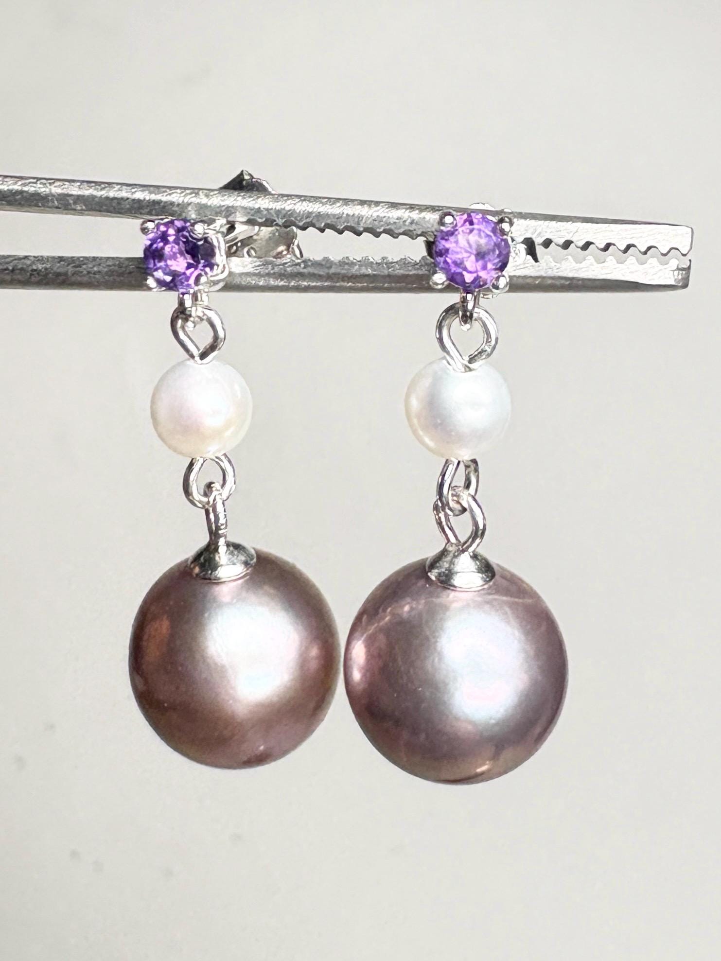 Purple Edison Cultured Pearls with Amethyst and White Pearl Dangle Drop Earrings Sterling Silver - NewLifeJewelryVault