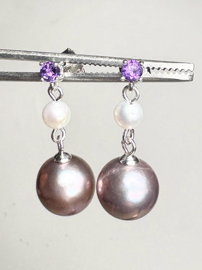 Purple Edison Cultured Pearls with Amethyst and White Pearl Dangle Drop Earrings Sterling Silver - NewLifeJewelryVault