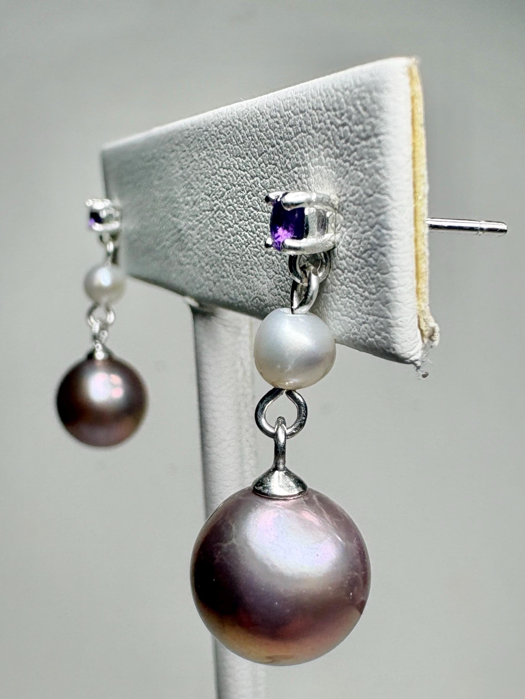 Purple Edison Cultured Pearls with Amethyst and White Pearl Dangle Drop Earrings Sterling Silver - NewLifeJewelryVault