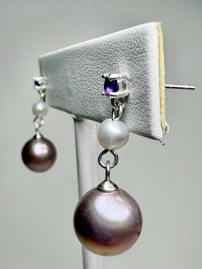 Purple Edison Cultured Pearls with Amethyst and White Pearl Dangle Drop Earrings Sterling Silver - NewLifeJewelryVault