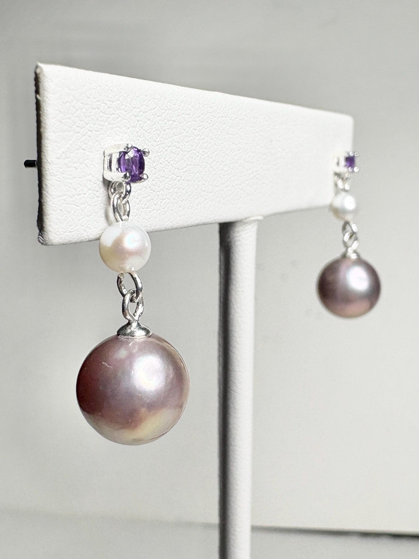 Purple Edison Cultured Pearls with Amethyst and White Pearl Dangle Drop Earrings Sterling Silver - NewLifeJewelryVault