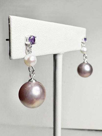 Purple Edison Cultured Pearls with Amethyst and White Pearl Dangle Drop Earrings Sterling Silver - NewLifeJewelryVault
