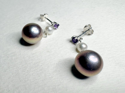 Purple Edison Cultured Pearls with Amethyst and White Pearl Dangle Drop Earrings Sterling Silver - NewLifeJewelryVault