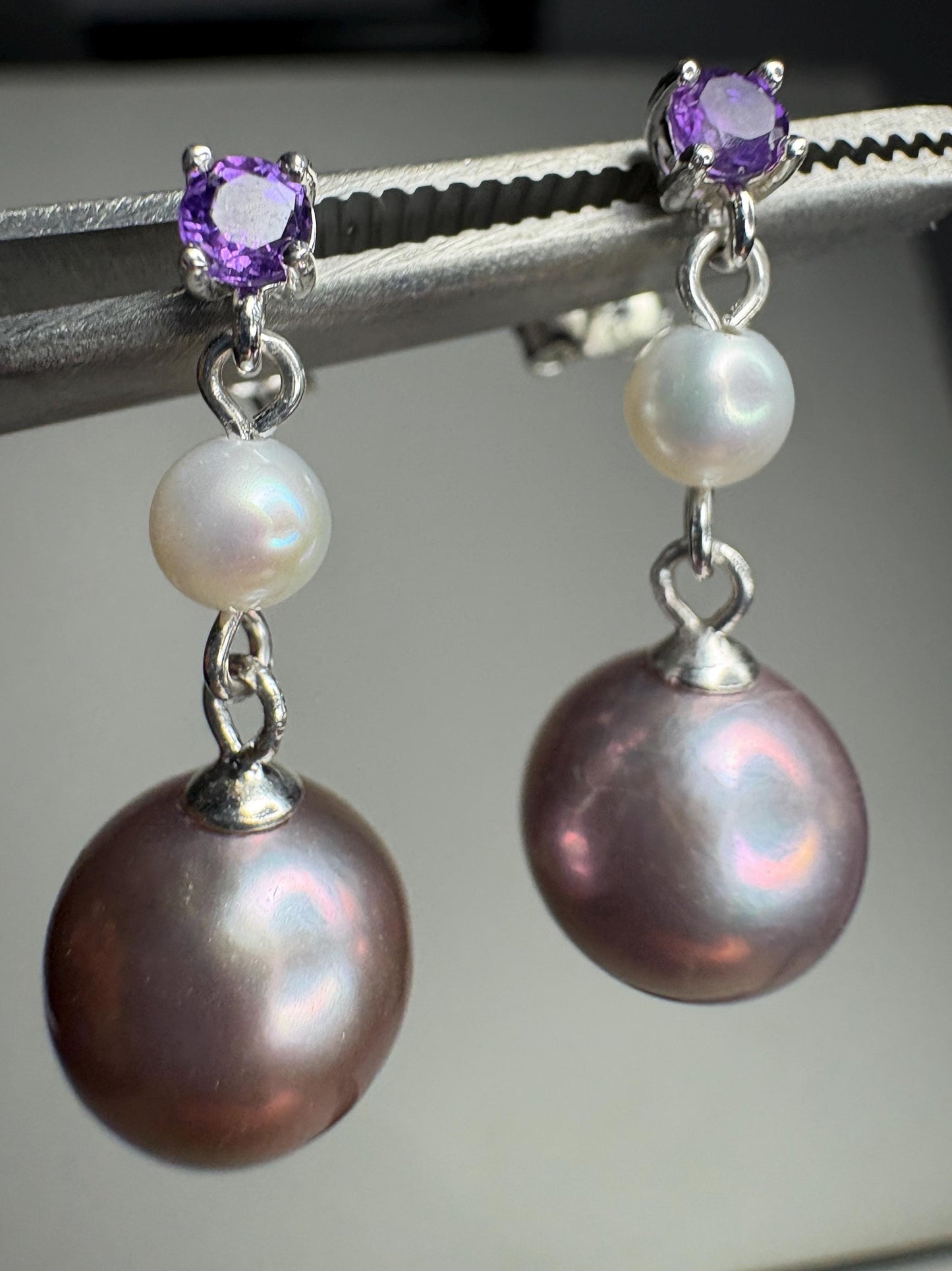Purple Edison Cultured Pearls with Amethyst and White Pearl Dangle Drop Earrings Sterling Silver - NewLifeJewelryVault