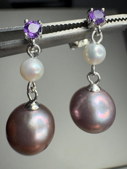 Purple Edison Cultured Pearls with Amethyst and White Pearl Dangle Drop Earrings Sterling Silver - NewLifeJewelryVault