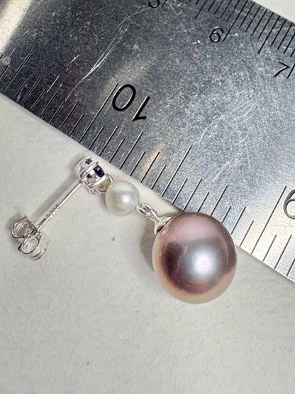 Purple Edison Cultured Pearls with Amethyst and White Pearl Dangle Drop Earrings Sterling Silver - NewLifeJewelryVault