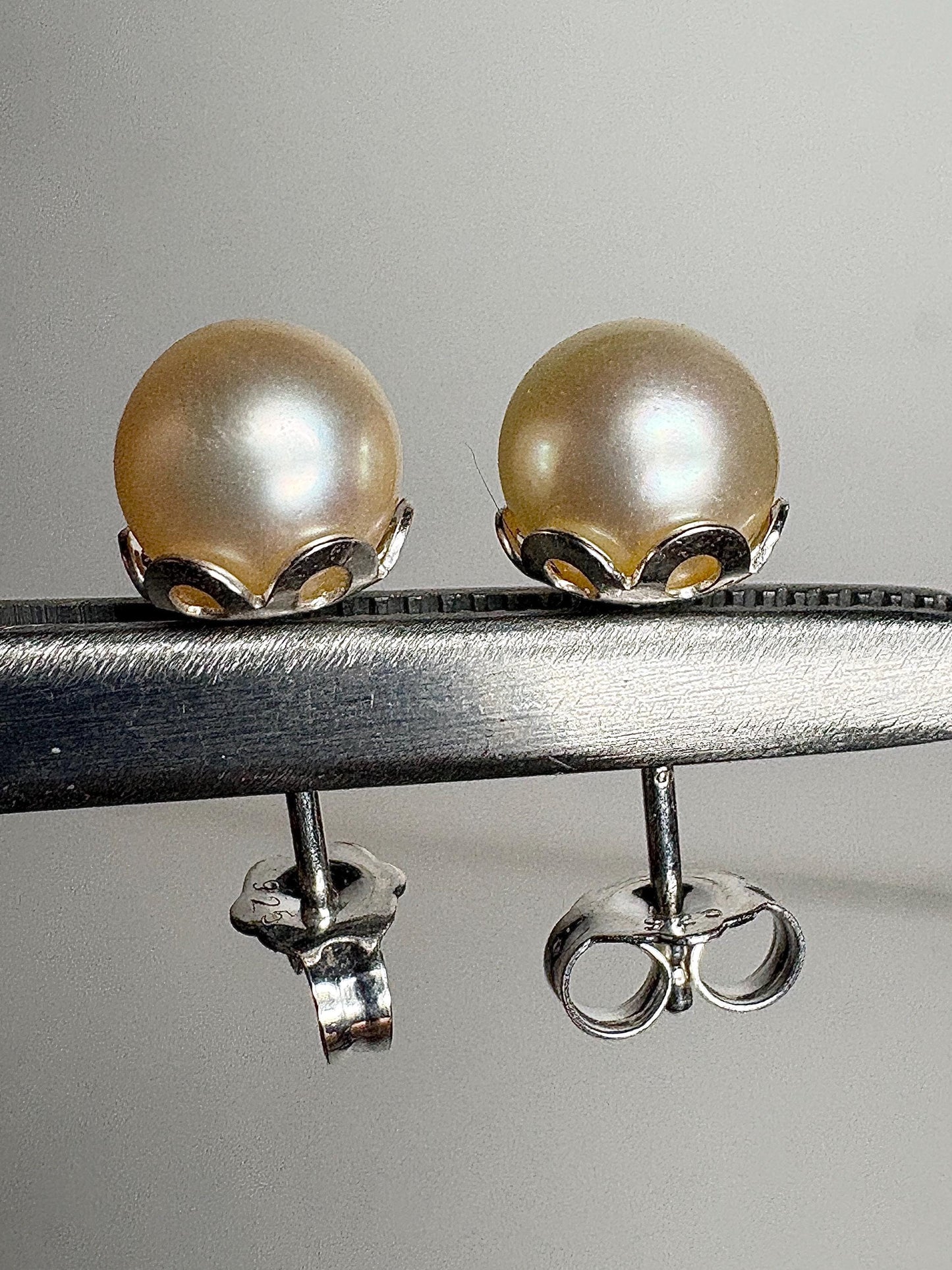 Cream Akoya Cultured Pearl 3/4 Stud Earrings in Sterling Silver 7mm - NewLifeJewelryVault