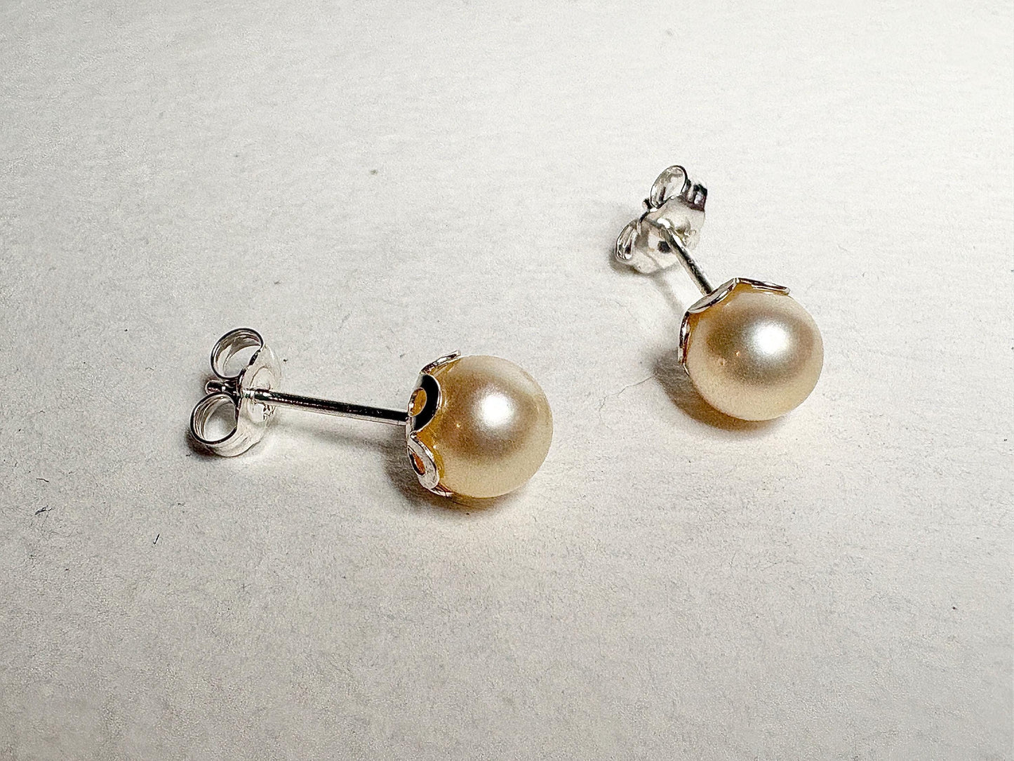 Cream Akoya Cultured Pearl 3/4 Stud Earrings in Sterling Silver 7mm - NewLifeJewelryVault