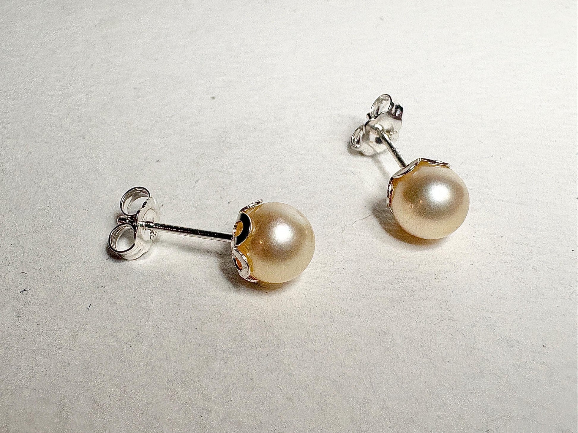 Cream Akoya Cultured Pearl 3/4 Stud Earrings in Sterling Silver 7mm - NewLifeJewelryVault