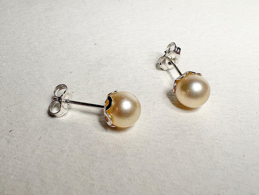 Cream Akoya Cultured Pearl 3/4 Stud Earrings in Sterling Silver 7mm - NewLifeJewelryVault