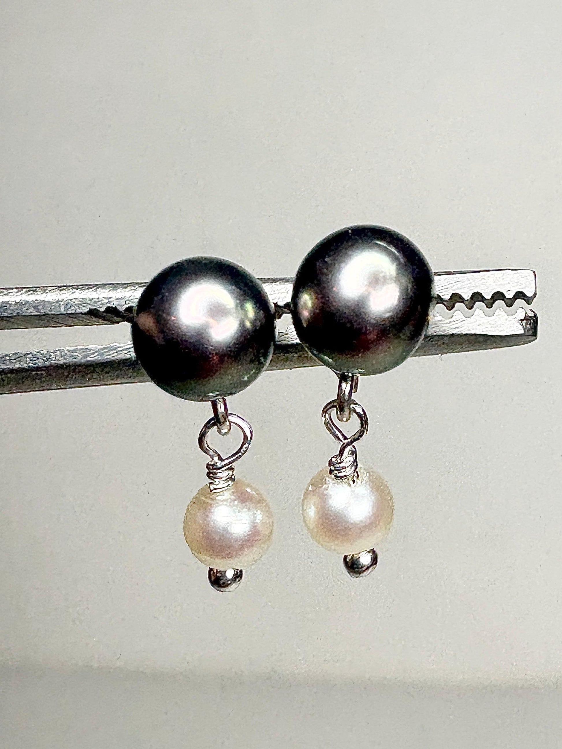 Japanese Cultured Akoya Pearl Dangle Drop Earrings Sterling Silver Black White - NewLifeJewelryVault