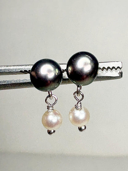 Japanese Cultured Akoya Pearl Dangle Drop Earrings Sterling Silver Black White - NewLifeJewelryVault