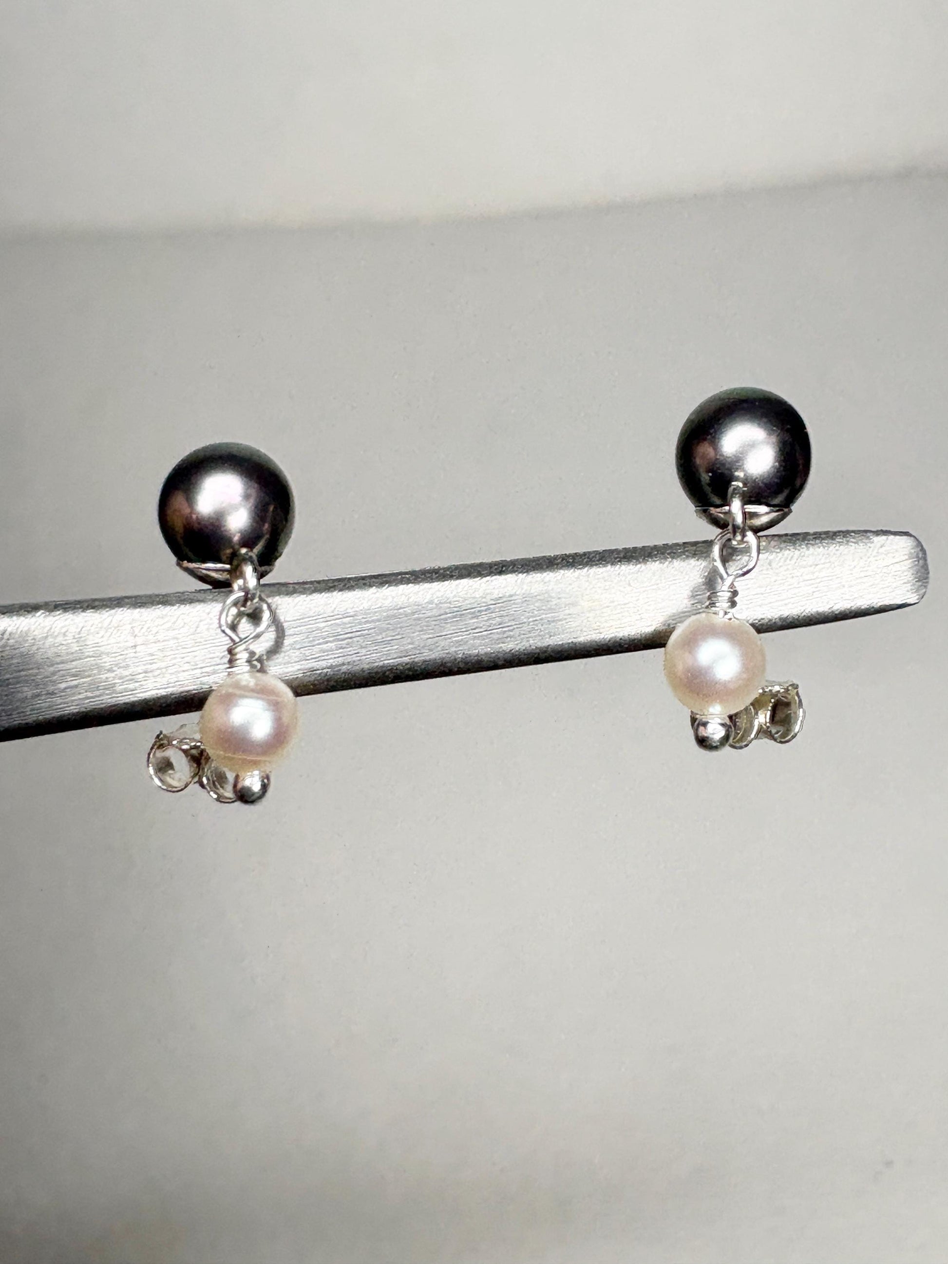 Japanese Cultured Akoya Pearl Dangle Drop Earrings Sterling Silver Black White - NewLifeJewelryVault