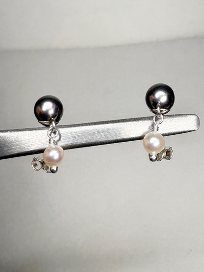 Japanese Cultured Akoya Pearl Dangle Drop Earrings Sterling Silver Black White - NewLifeJewelryVault