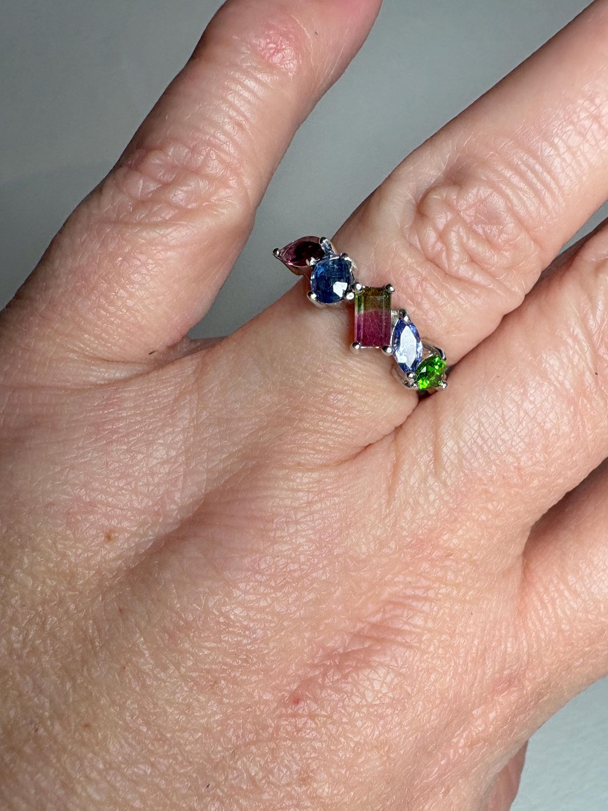 Watermelon Tourmaline Multi Gem Ring in Sterling Silver size 8 - NewLifeJewelryVault