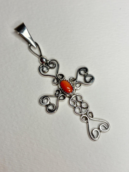 Vintage Large Coral Hand Forged Southwest Cross Pendant Sterling Silver - NewLifeJewelryVault