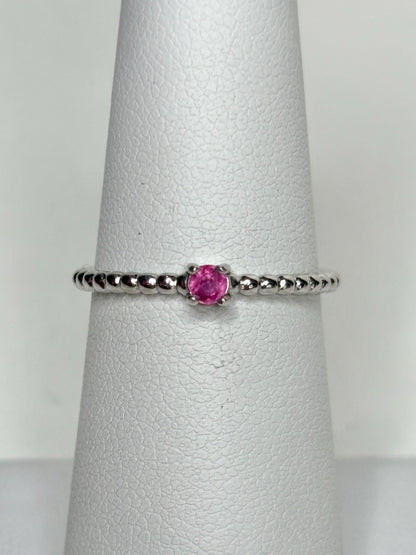 Hot Pink Natural Sapphire Solitaire Beaded Band Ring Sterling Silver size 6 - NewLifeJewelryVault