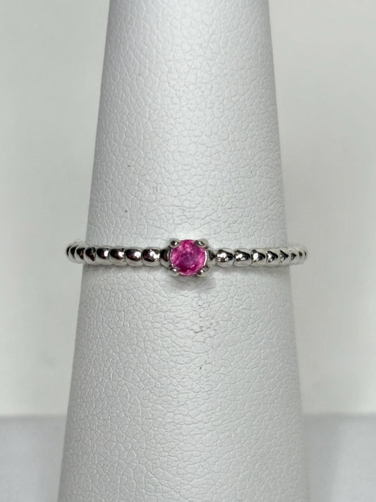 Hot Pink Natural Sapphire Solitaire Beaded Band Ring Sterling Silver size 6 - NewLifeJewelryVault