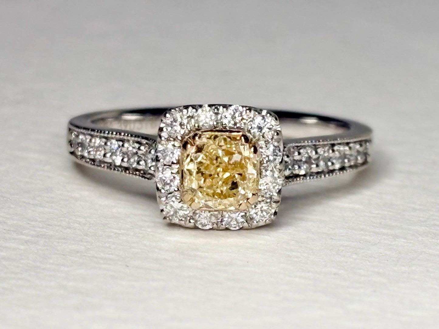 Natural Yellow Diamond Halo Ring Solid 14k Gold size 6.75 Certified - NewLifeJewelryVault