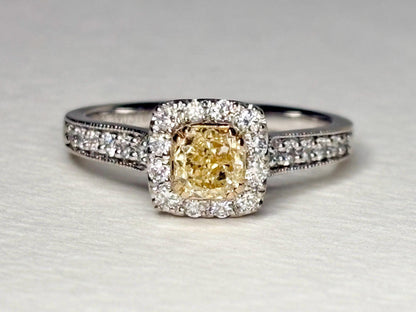 Natural Yellow Diamond Halo Ring Solid 14k Gold size 6.75 Certified - NewLifeJewelryVault