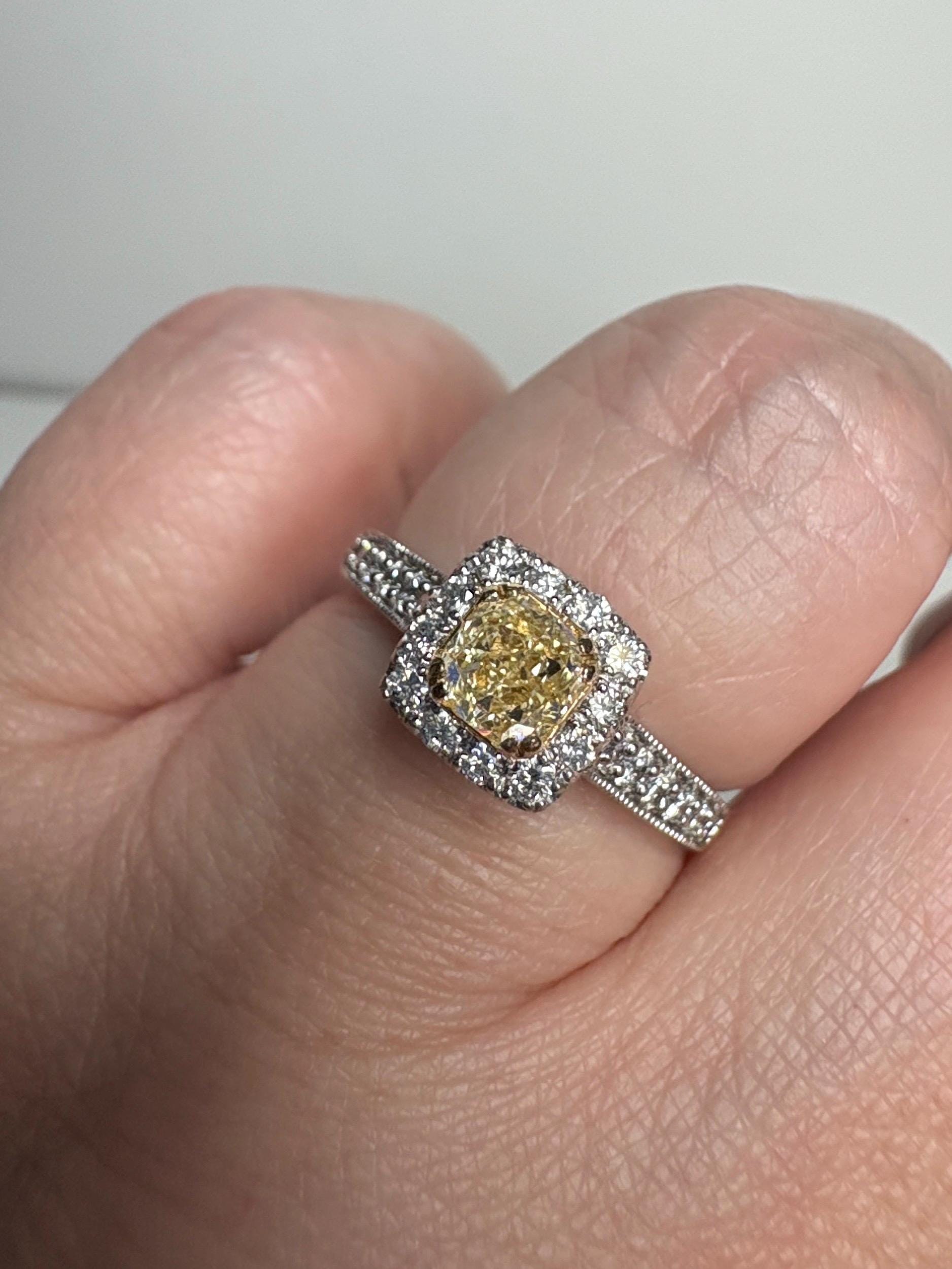 Natural Yellow Diamond Halo Ring Solid 14k Gold size 6.75 Certified - NewLifeJewelryVault