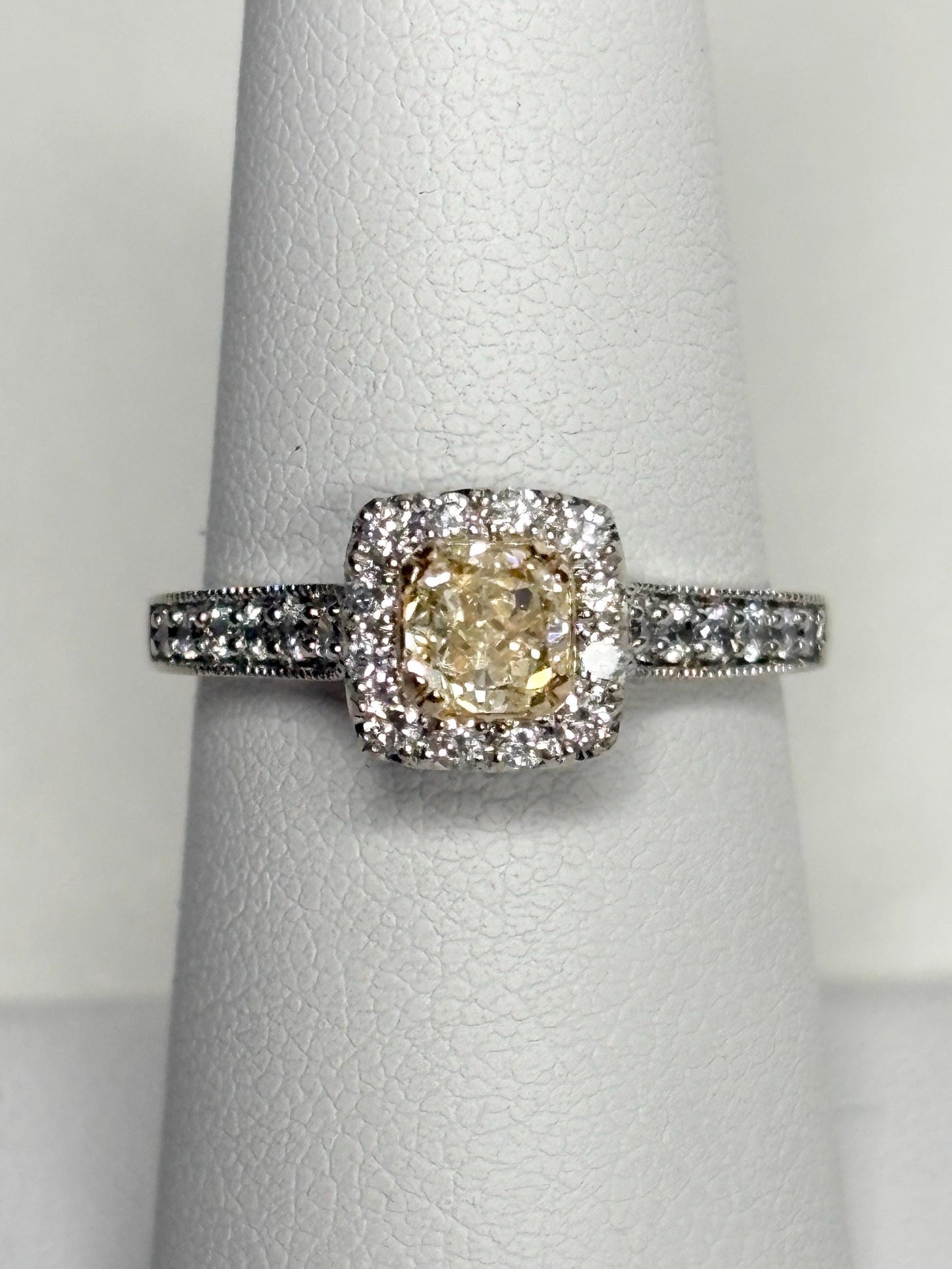 Natural Yellow Diamond Halo Ring Solid 14k Gold size 6.75 Certified - NewLifeJewelryVault