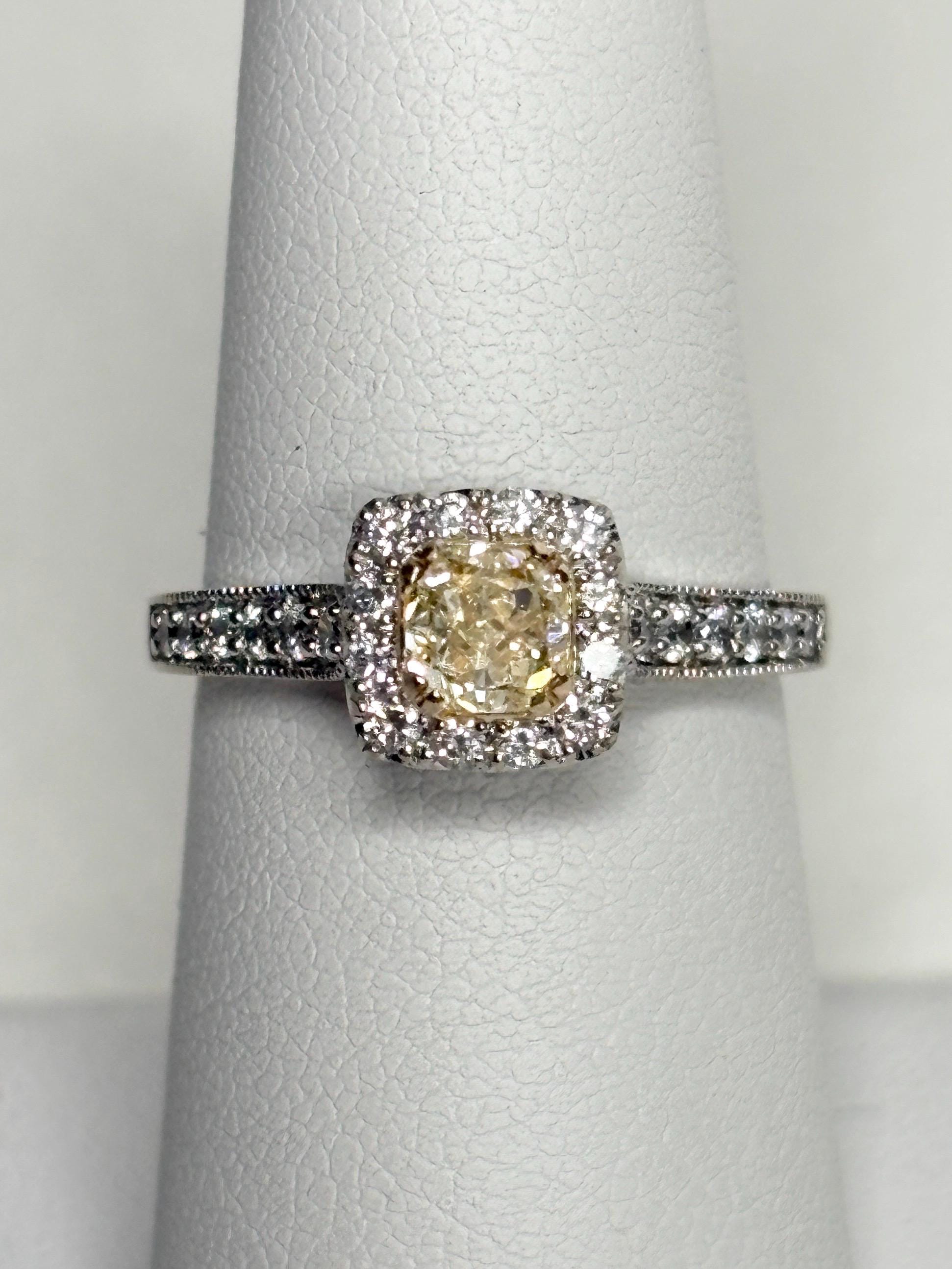 Natural Yellow Diamond Halo Ring Solid 14k Gold size 6.75 Certified - NewLifeJewelryVault