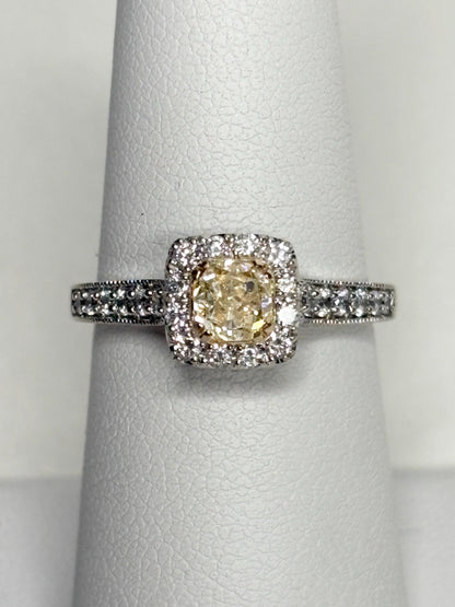 Natural Yellow Diamond Halo Ring Solid 14k Gold size 6.75 Certified - NewLifeJewelryVault