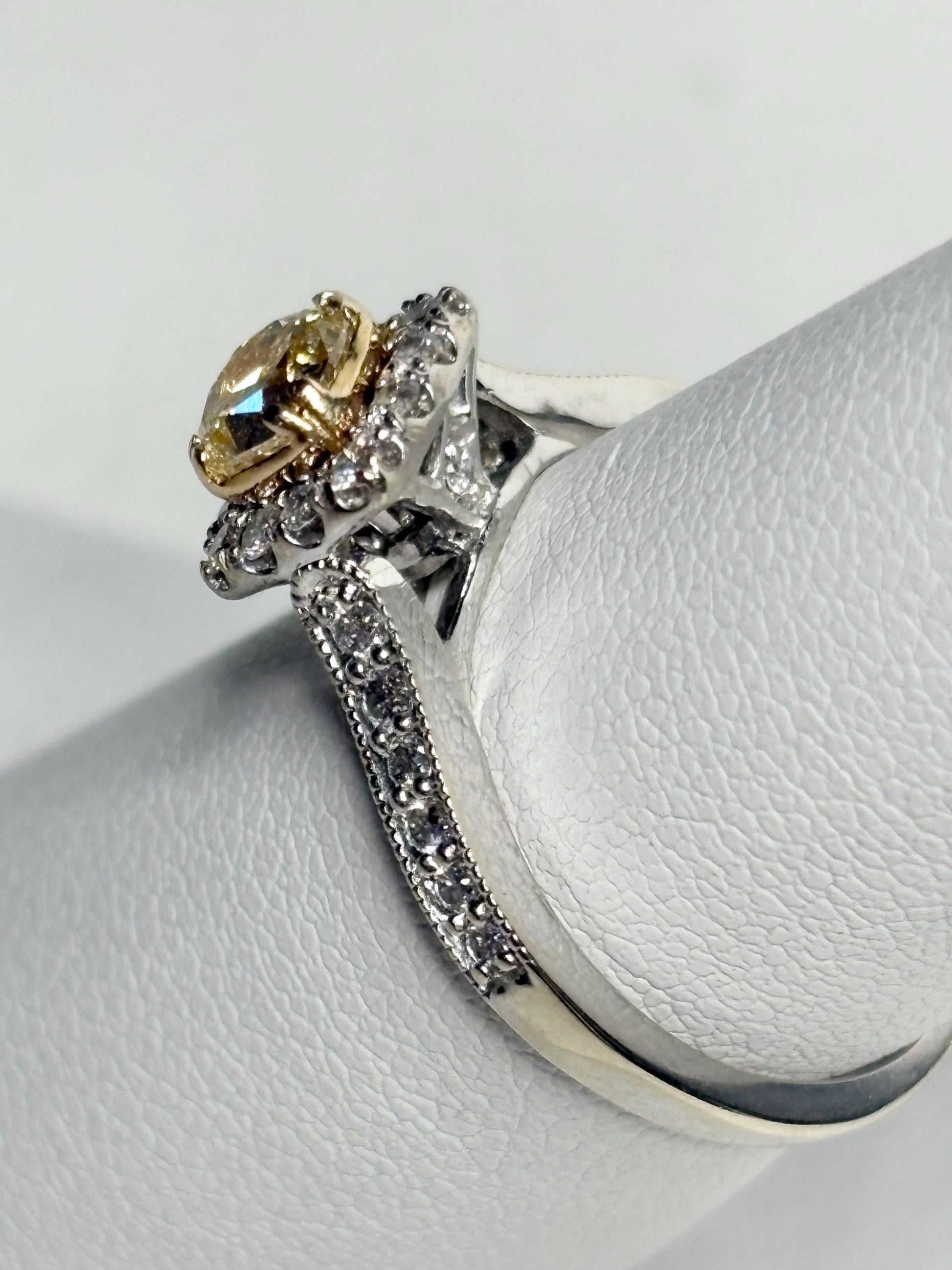 Natural Yellow Diamond Halo Ring Solid 14k Gold size 6.75 Certified - NewLifeJewelryVault