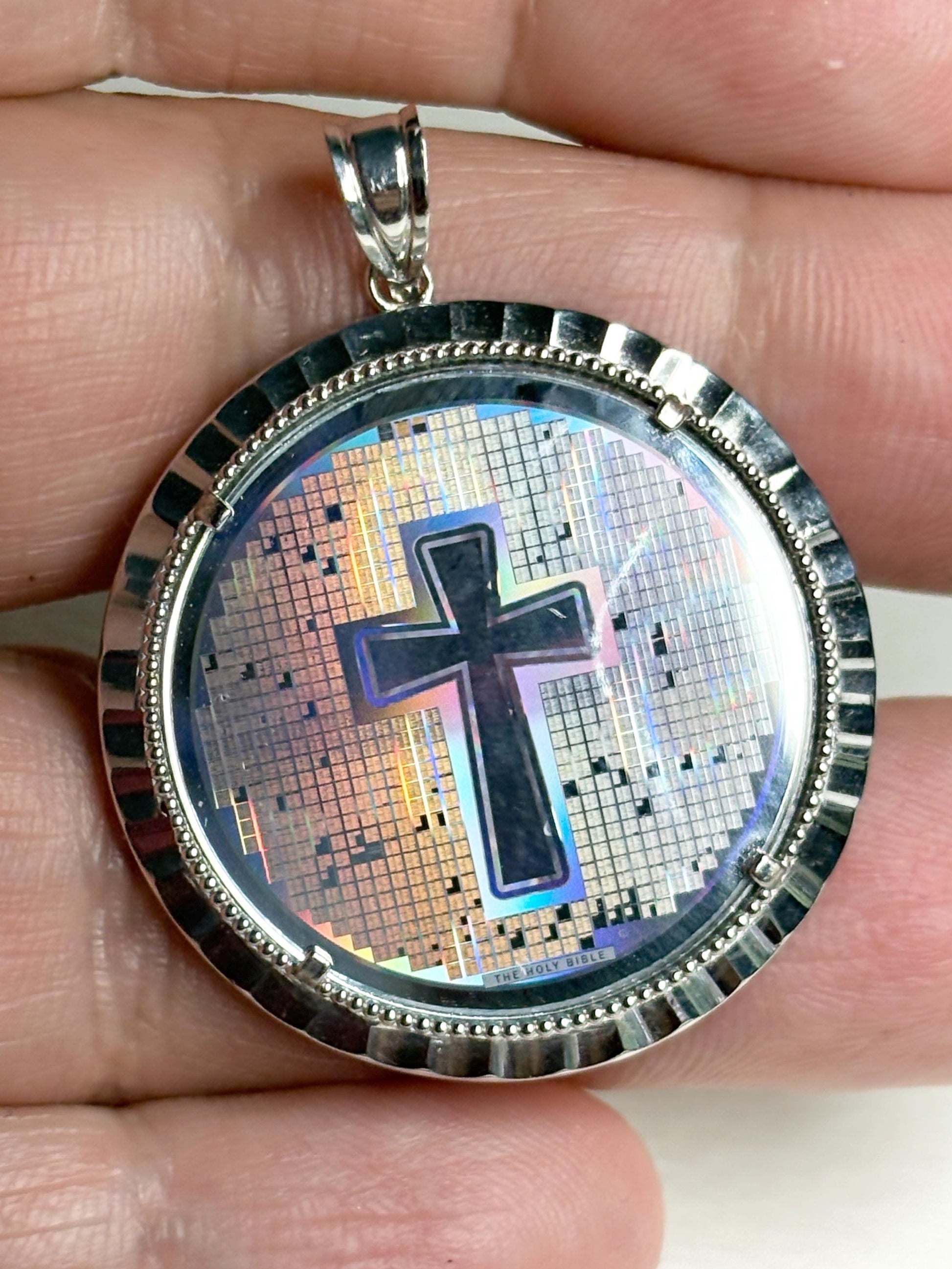 Laser Nano Bible Cross Medallion Pendant in Sterling silver - NewLifeJewelryVault