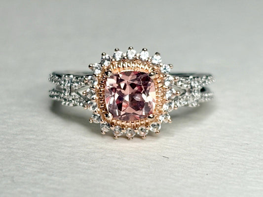 Simulated Morganite Halo Ring in Sterling Silver size 6.75 - NewLifeJewelryVault