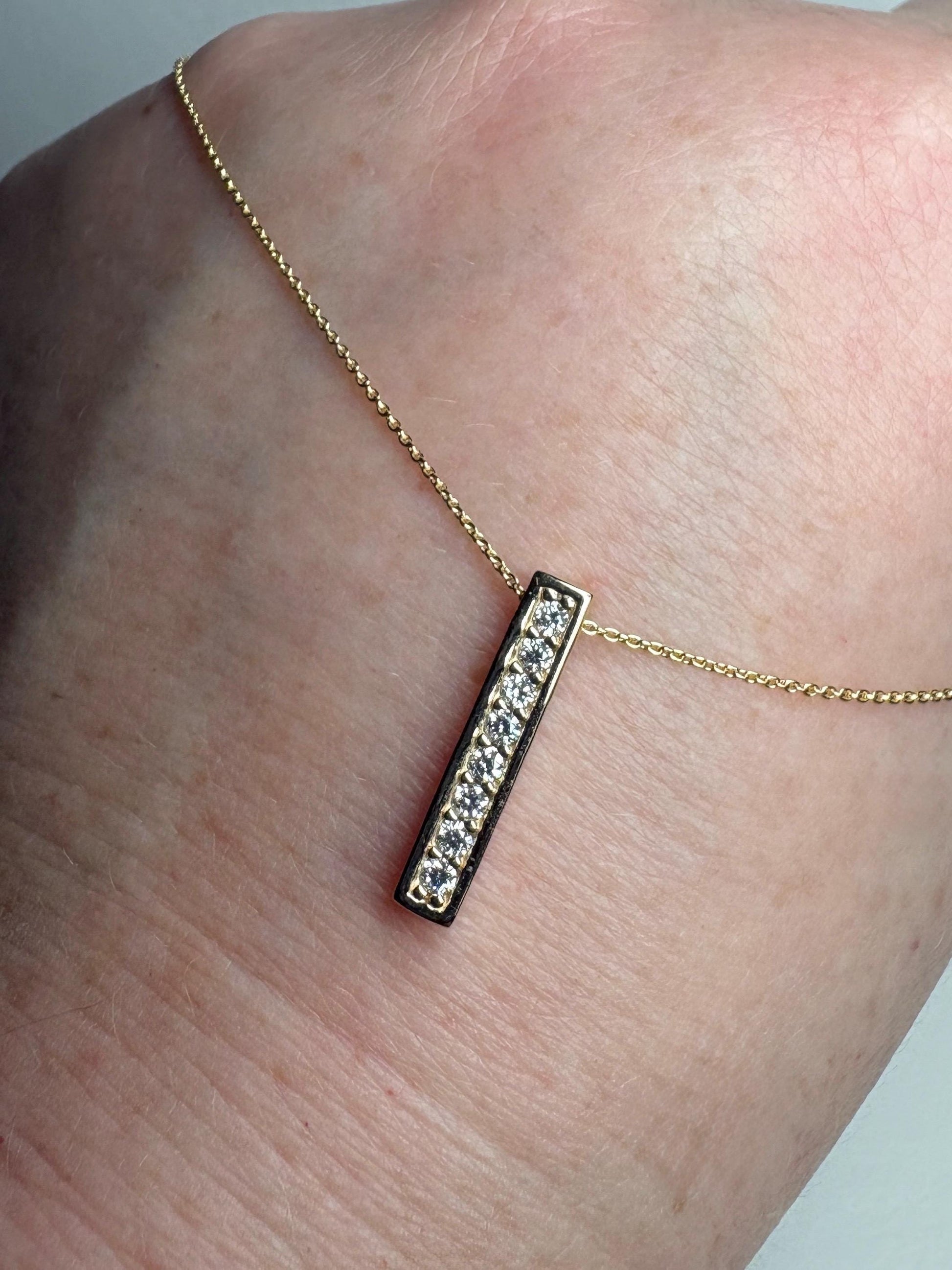 Vertical Diamond Maile Scroll Bar Pendant Necklace in Solid 14k Gold Adjustable Chain 16-18" - NewLifeJewelryVault