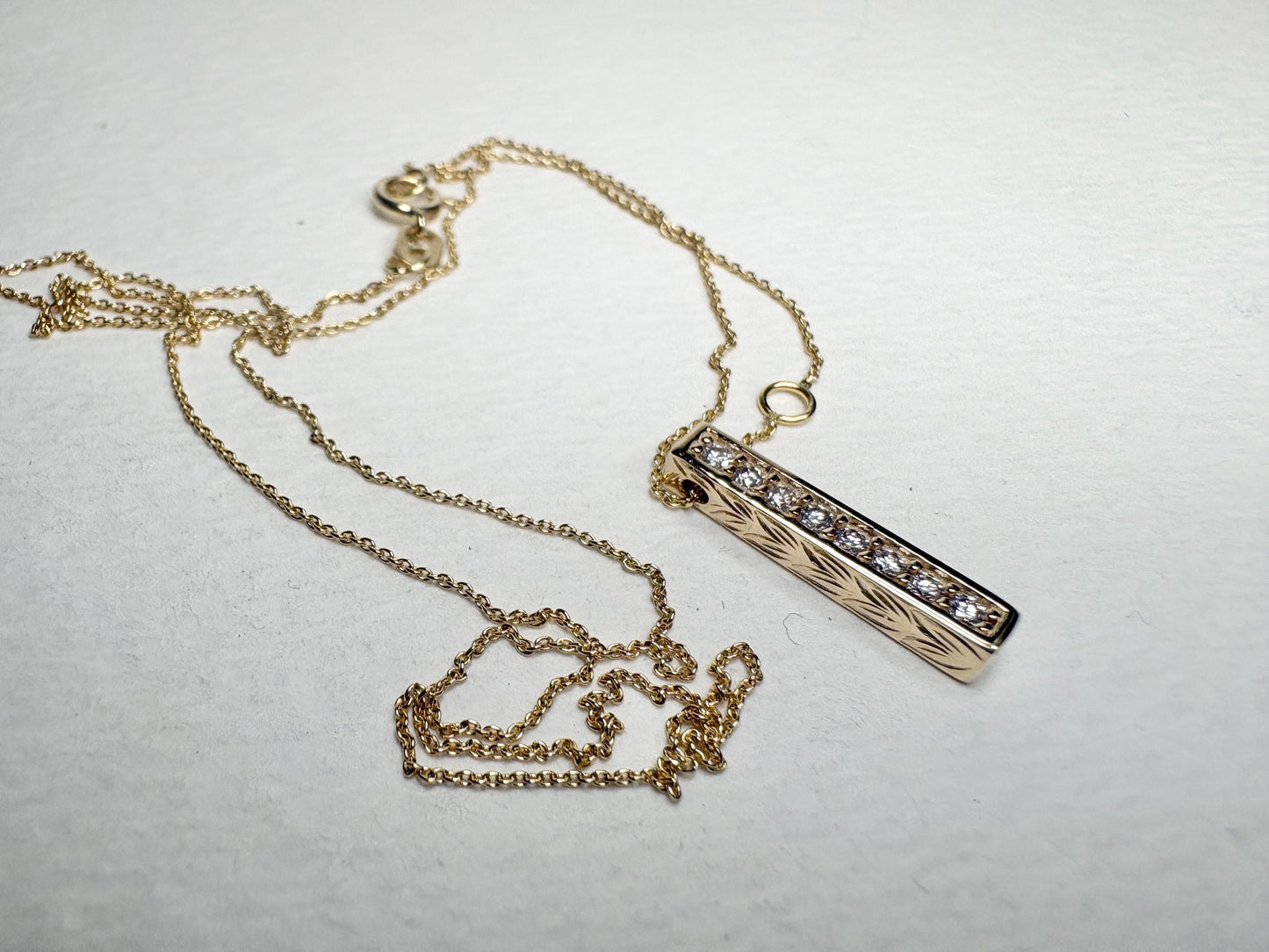 Vertical Diamond Maile Scroll Bar Pendant Necklace in Solid 14k Gold Adjustable Chain 16-18" - NewLifeJewelryVault