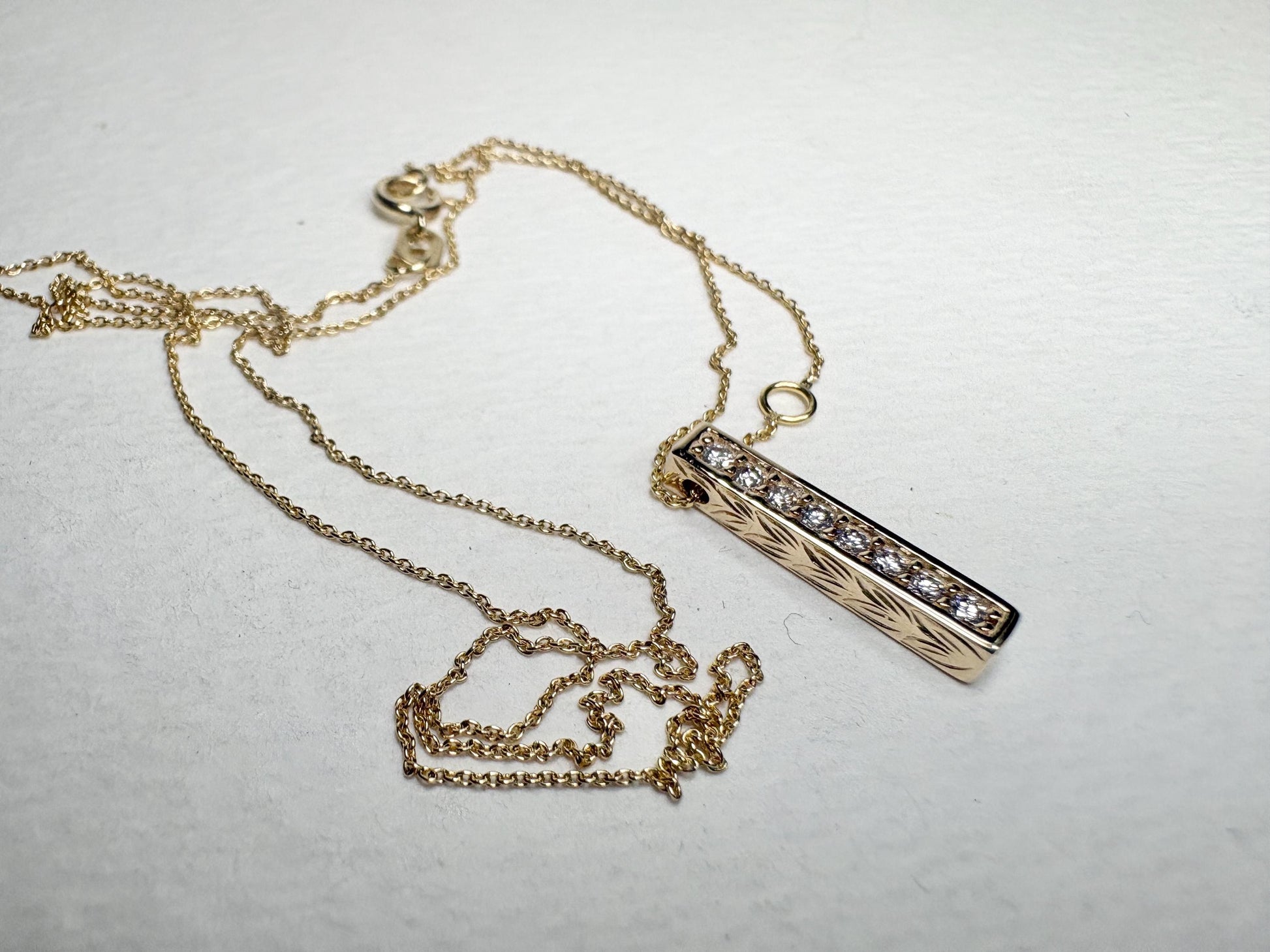 Vertical Diamond Maile Scroll Bar Pendant Necklace in Solid 14k Gold Adjustable Chain 16-18" - NewLifeJewelryVault