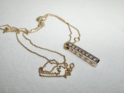 Vertical Diamond Maile Scroll Bar Pendant Necklace in Solid 14k Gold Adjustable Chain 16-18" - NewLifeJewelryVault
