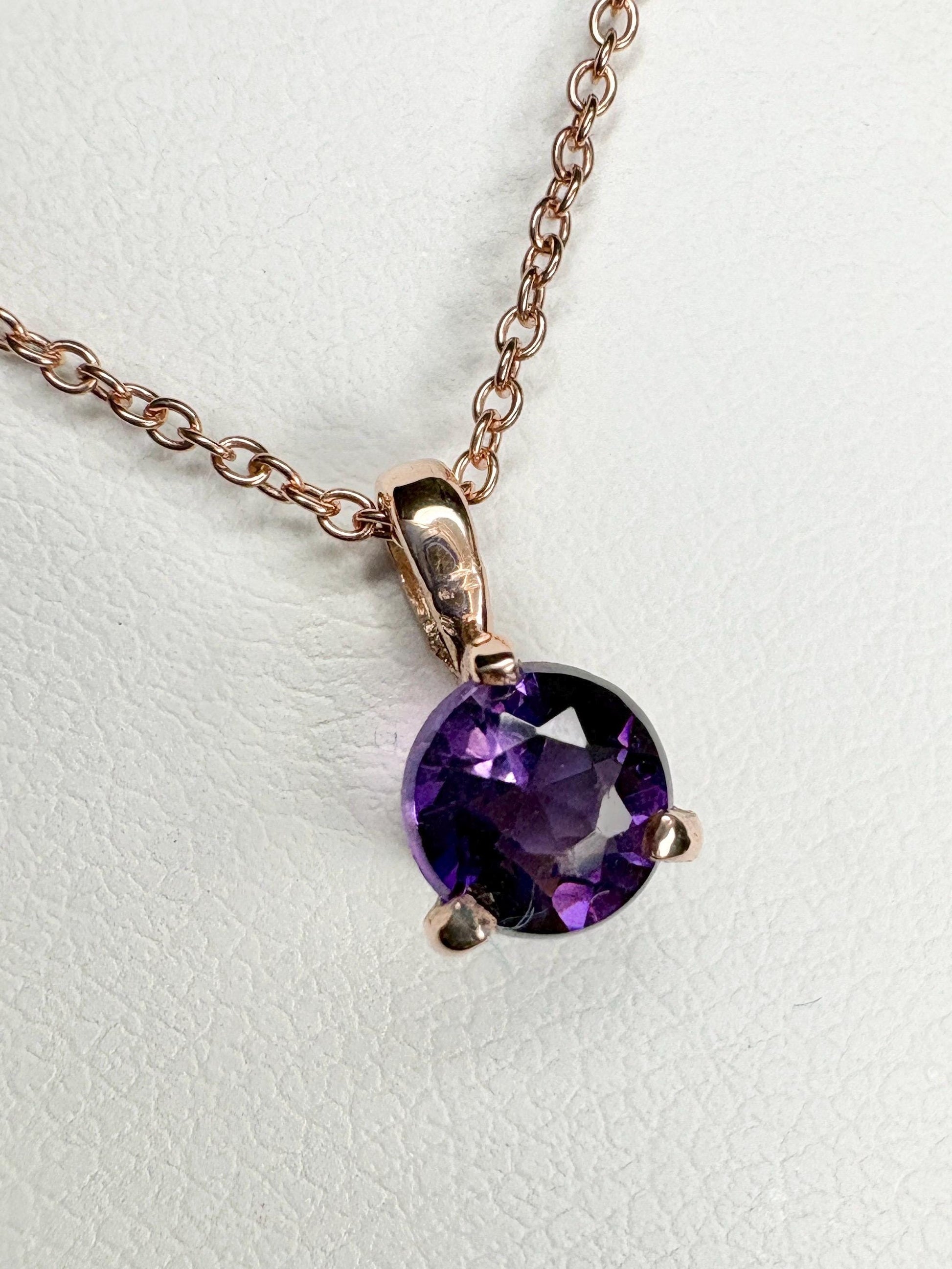 Arizona Amethyst Four Peaks Solitaire Pendant Necklace in Solid 14k Rose Gold 18" - NewLifeJewelryVault