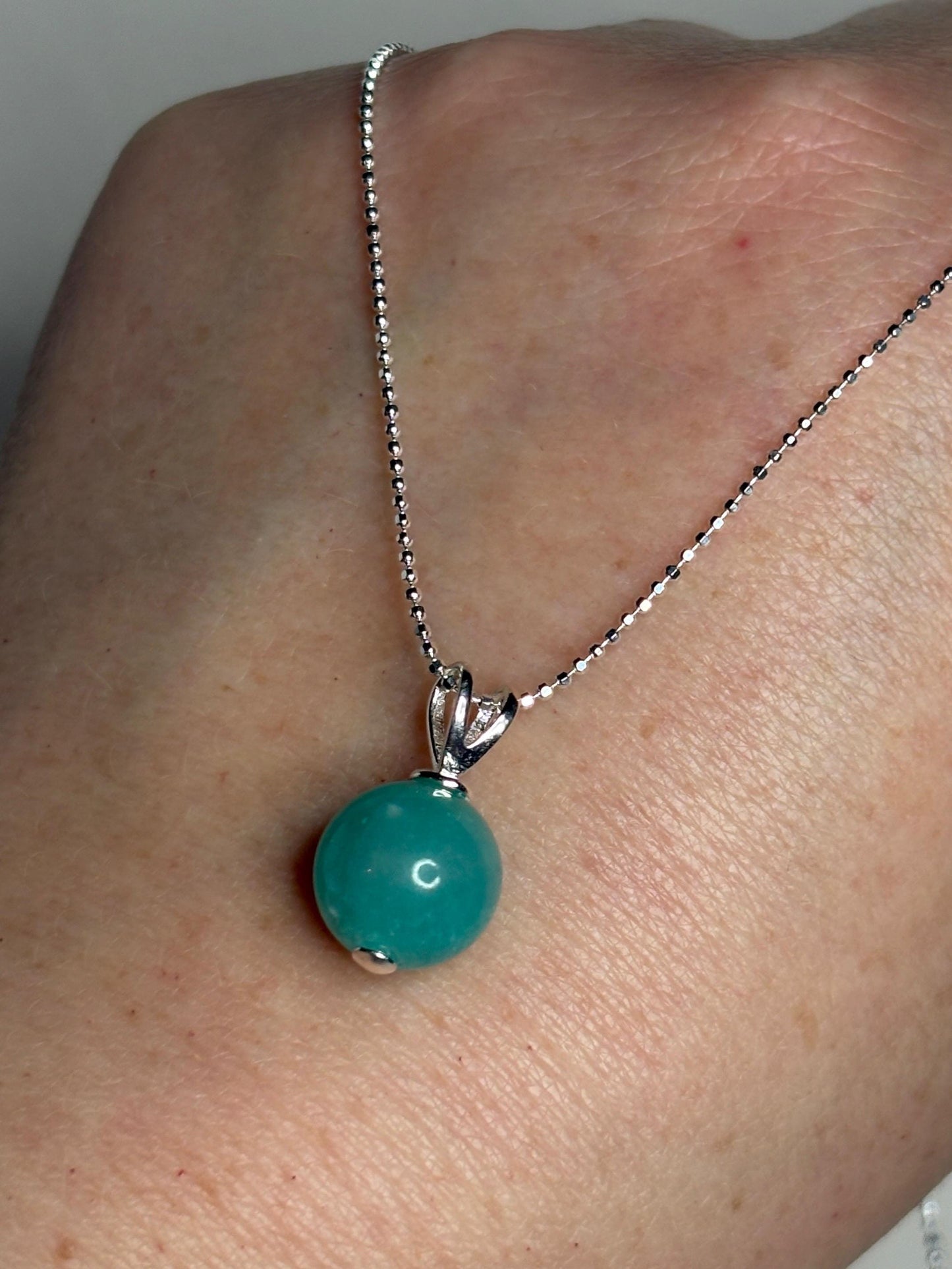 Brazilian Unheated Amazonite Bead Pendant Necklace Sterling Silver Ball Chain 18" - NewLifeJewelryVault