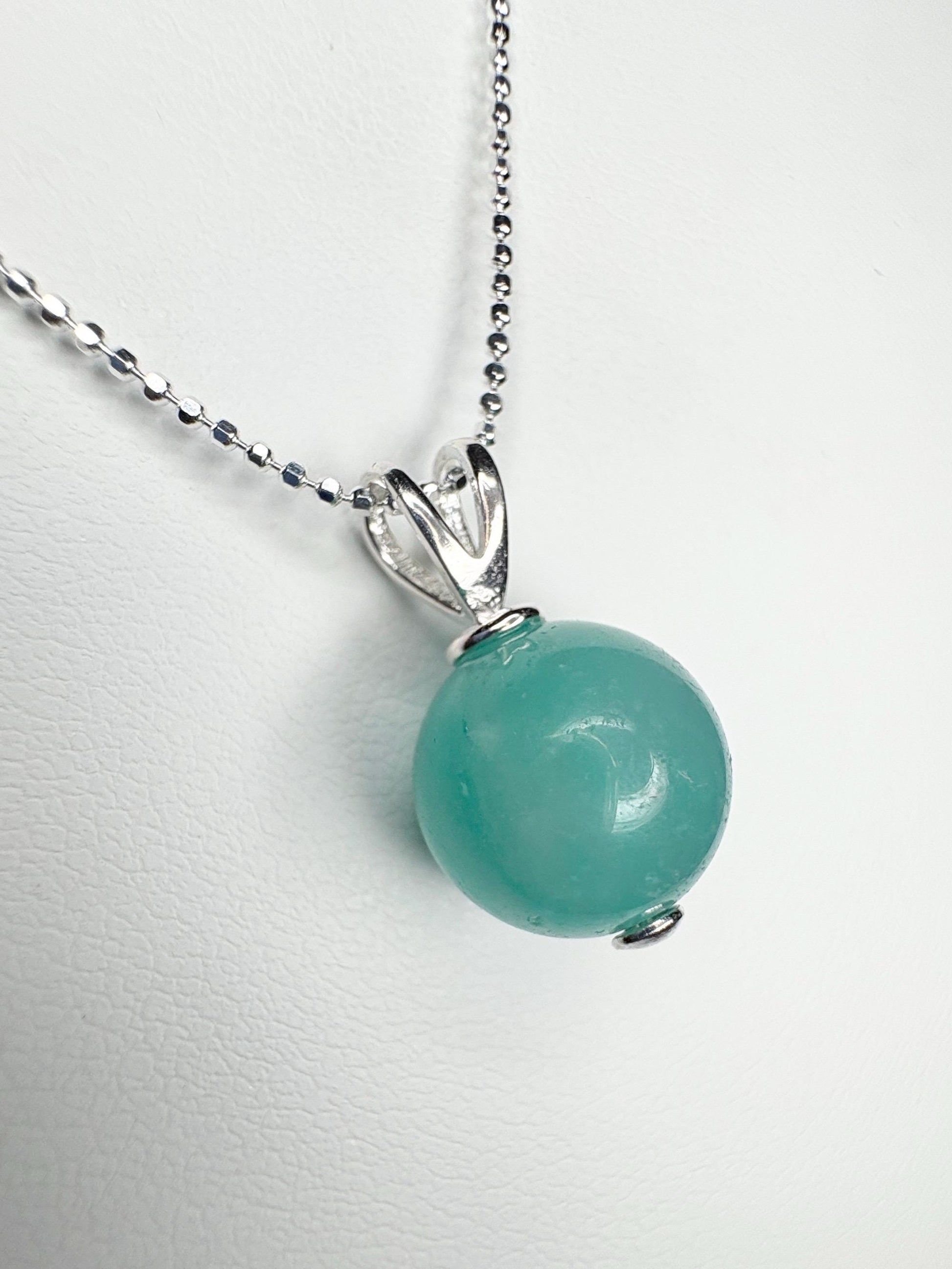 Brazilian Unheated Amazonite Bead Pendant Necklace Sterling Silver Ball Chain 18" - NewLifeJewelryVault