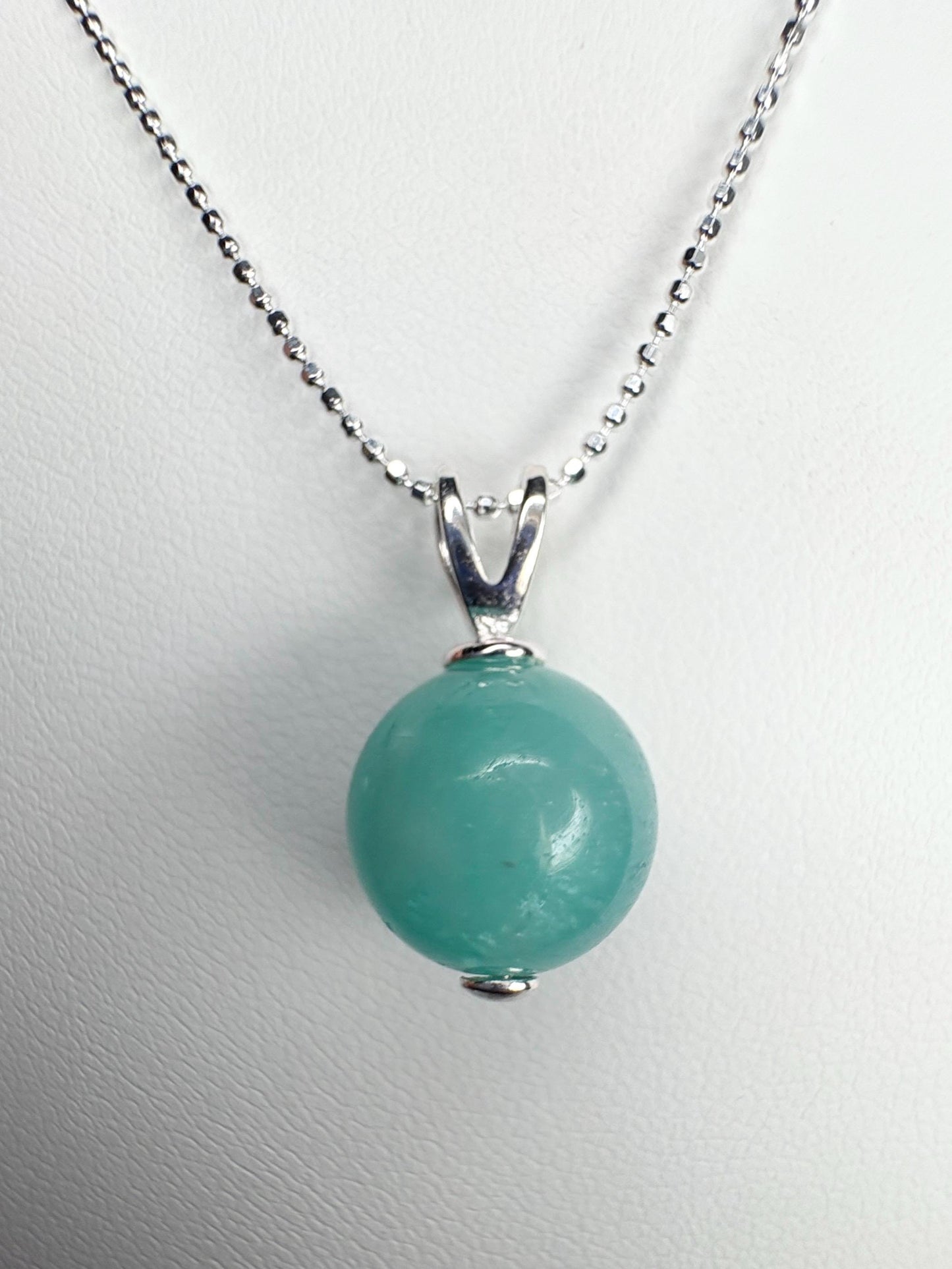 Brazilian Unheated Amazonite Bead Pendant Necklace Sterling Silver Ball Chain 18" - NewLifeJewelryVault