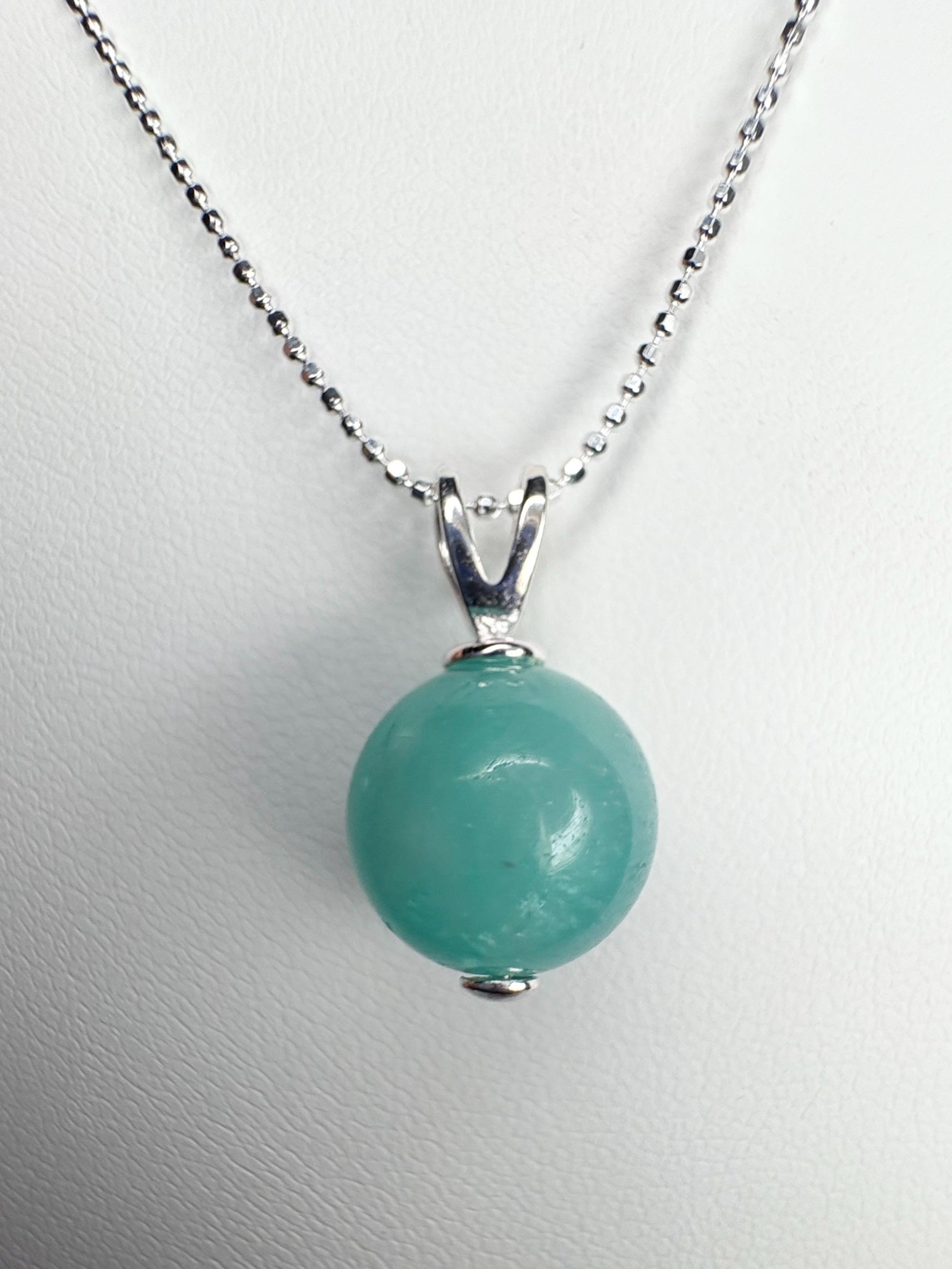 Brazilian Unheated Amazonite Bead Pendant Necklace Sterling Silver Ball Chain 18" - NewLifeJewelryVault