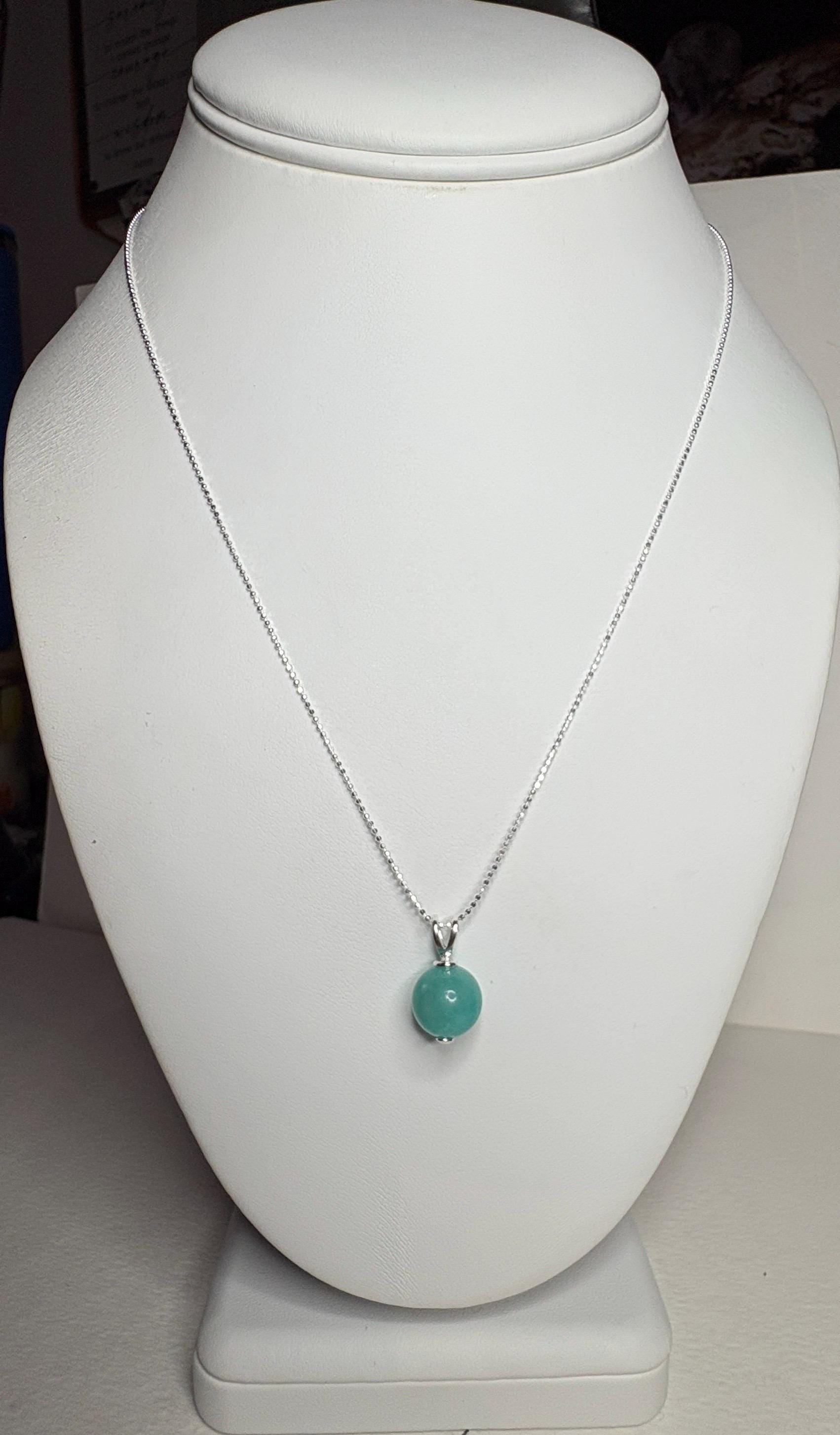 Brazilian Unheated Amazonite Bead Pendant Necklace Sterling Silver Ball Chain 18" - NewLifeJewelryVault