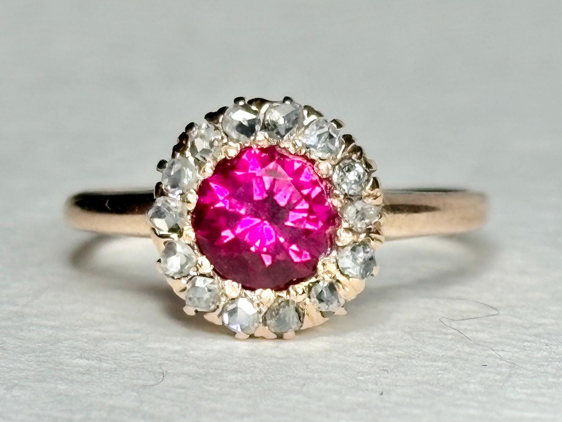 Antique Lab Grown Ruby Natural Diamond Halo Ring Solid 10k Gold size 6.25 - NewLifeJewelryVault