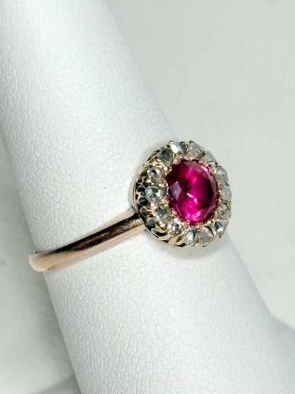 Antique Lab Grown Ruby Natural Diamond Halo Ring Solid 10k Gold size 6.25 - NewLifeJewelryVault