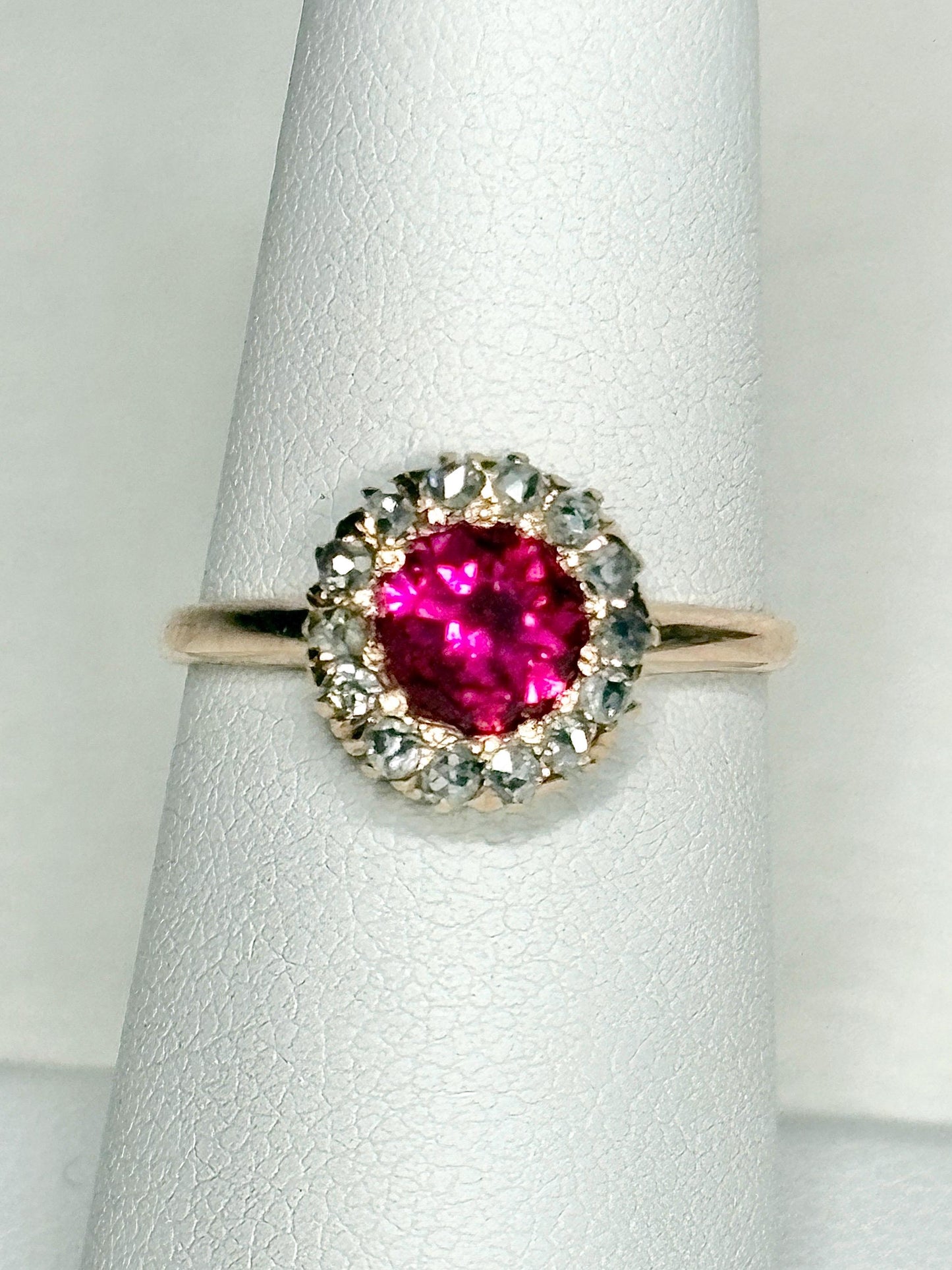 Antique Lab Grown Ruby Natural Diamond Halo Ring Solid 10k Gold size 6.25 - NewLifeJewelryVault