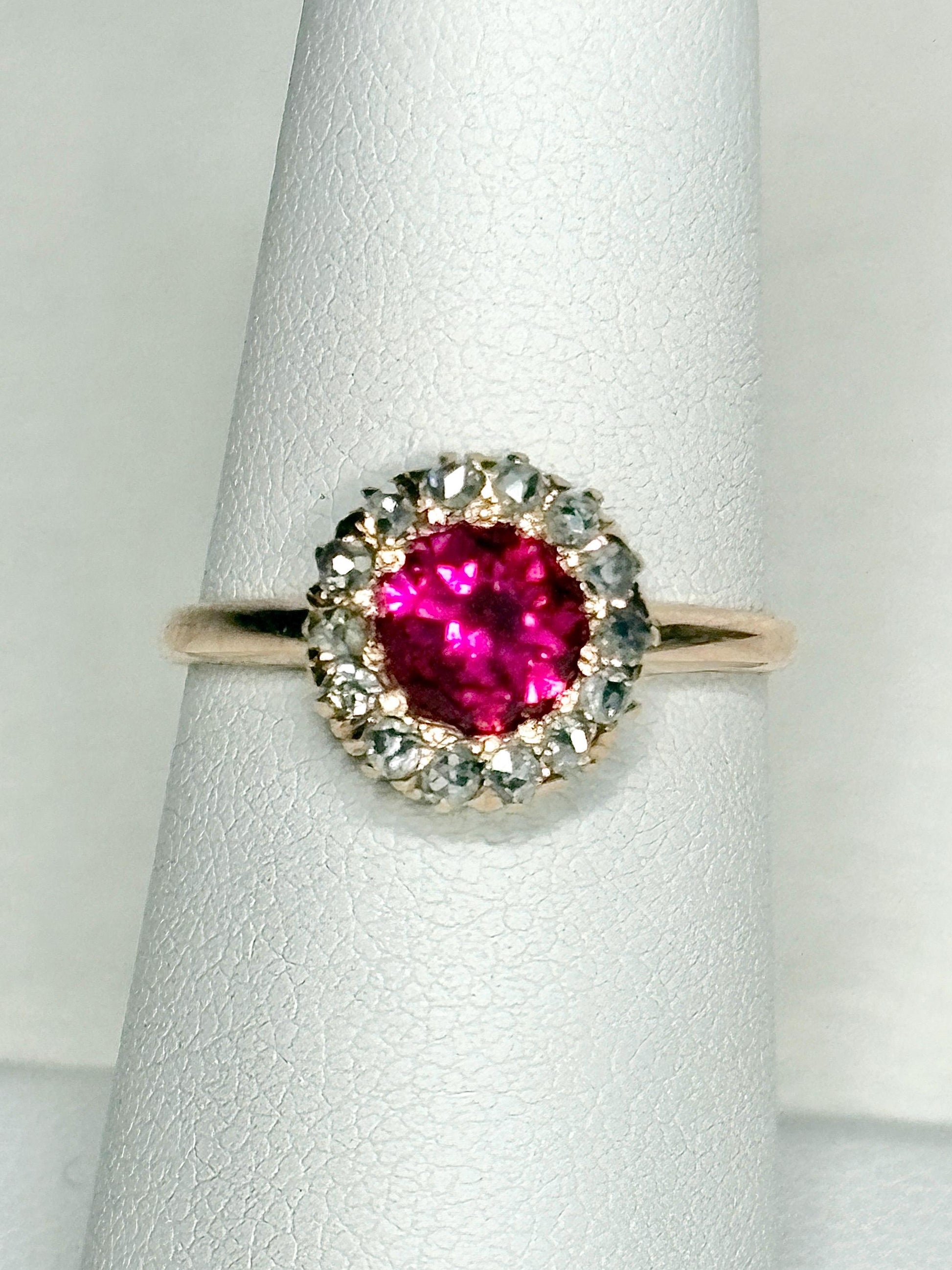 Antique Lab Grown Ruby Natural Diamond Halo Ring Solid 10k Gold size 6.25 - NewLifeJewelryVault