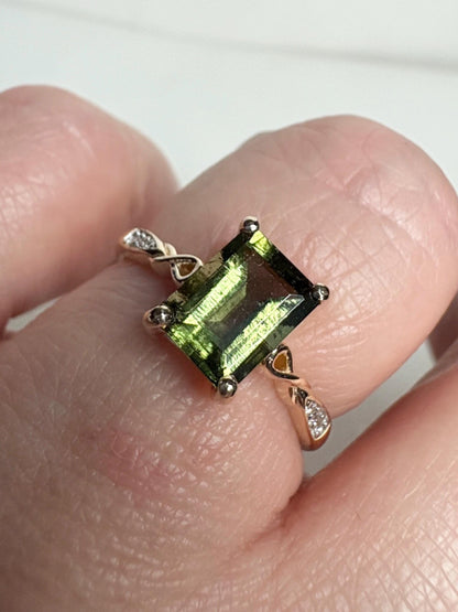 Moldavite Solitaire Emerald Cut Ring Solid 9k Gold size 7 - NewLifeJewelryVault