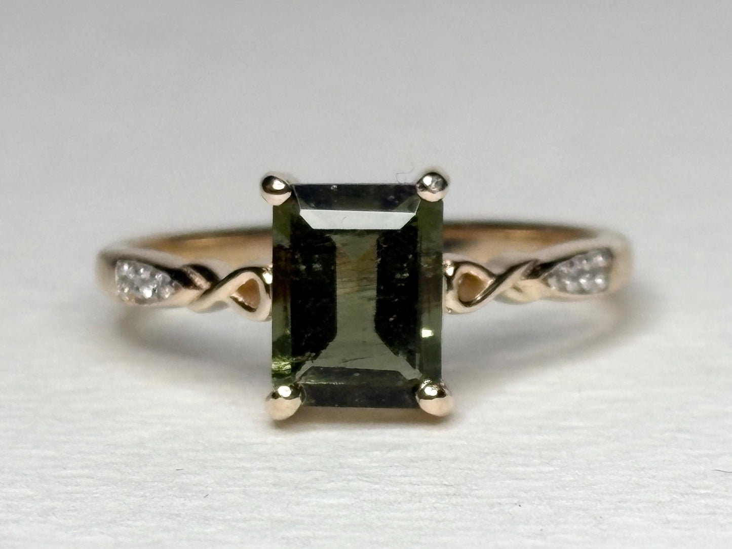 Moldavite Solitaire Emerald Cut Ring Solid 9k Gold size 7 - NewLifeJewelryVault