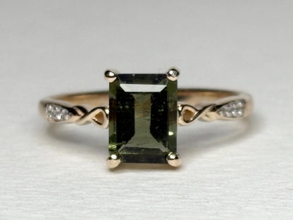 Moldavite Solitaire Emerald Cut Ring Solid 9k Gold size 7 - NewLifeJewelryVault